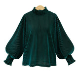 Elegant Loose Velvet Blouses Women Casual Lantern Sleeve 2019 Spring Summer Vintage Female Shirt Solid Green Office Ladies Tops