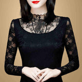 Hollow Out Women Spring Autumn Style Lace Blouses Shirts Casual Long Sleeve Patchwork Spliced Turtleneck Blusas Tops DF2600