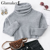 Glamaker Grey knitted turtleneck crop sweater Women autumn pull short sweater ladies jumper winter Female pull knitwear pullover