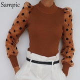 Sampic Puff Sleeve Knitwear Mesh Transparent Pullover Autumn Women Polka Dot Winter Top Knitted Turtleneck Thin Sweater