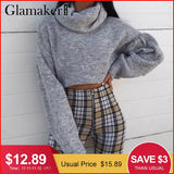 Glamaker Grey knitted turtleneck crop sweater Women autumn pull short sweater ladies jumper winter Female pull knitwear pullover