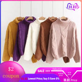 2019 Autumn Winter Women's Pink Turtleneck Sweater Basic Female Pullover Solid  Casual Knitted Ribbed Sweater