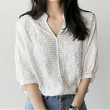 Fashion Women V Neck Hollow Out Loose White Shirts Long Sleeve Ladies Blouses Tops