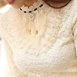 2019 new ruffle pearl women blouse lace white office lady shirts long-sleeved elegant solid slim sexy bottoming shirts tops