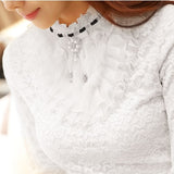 2019 new ruffle pearl women blouse lace white office lady shirts long-sleeved elegant solid slim sexy bottoming shirts tops